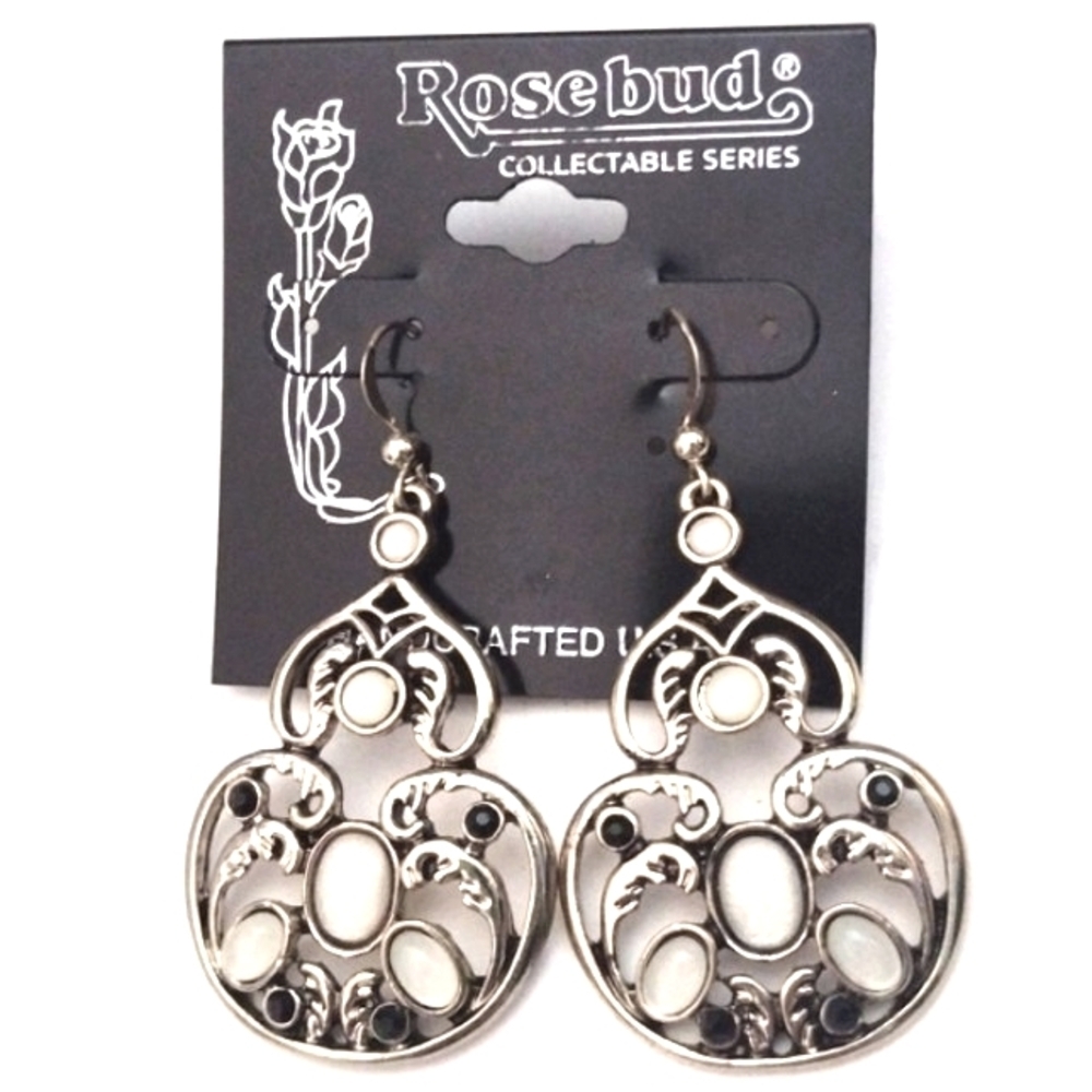 ROSEBUD COLLECTION SILVER CREAM CABOCHON STONE & CRYSTAL HOOK 2" EARRINGS-NWT - Picture 3 of 9